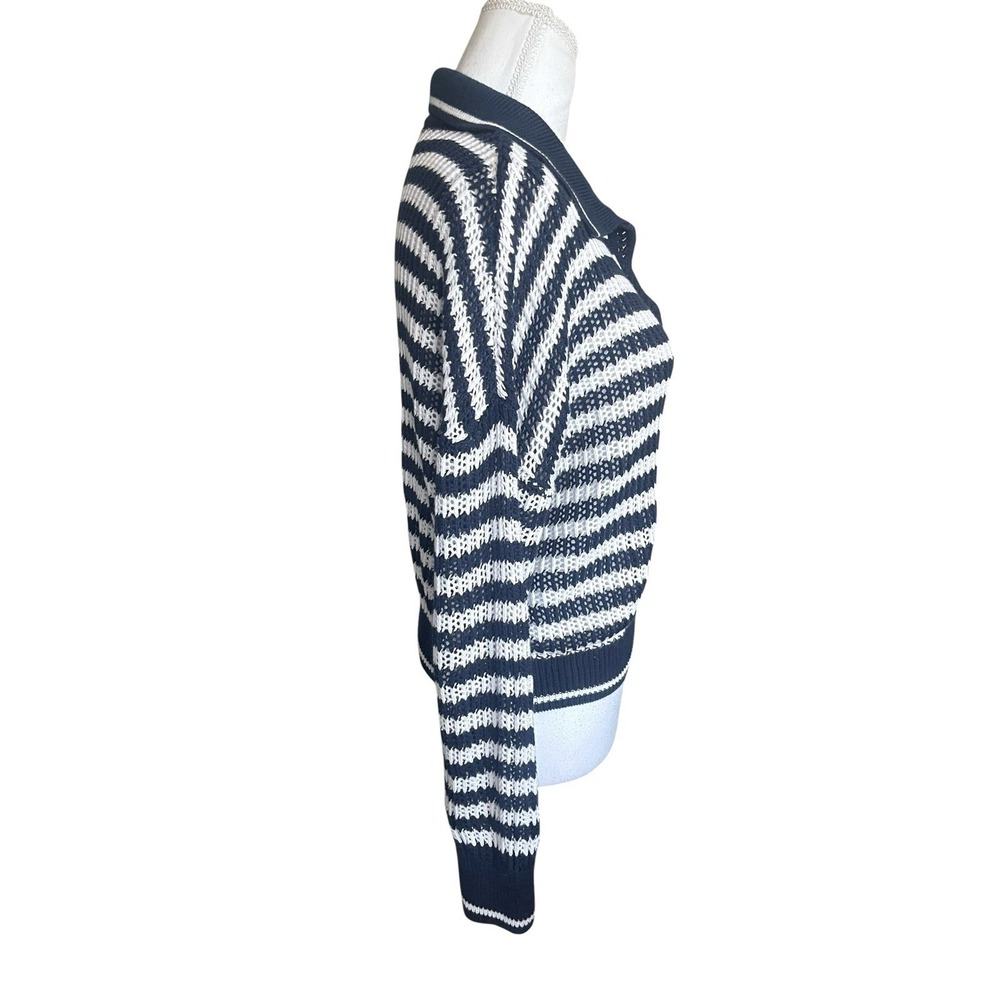 525 America Kimberly Cotton Navy Stripe Open Knit Polo Sweater XS Coastal Preppy - Picture 9 of 15